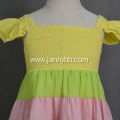 Wholesale Cotton linen fabric rainbow color baby girl dresses